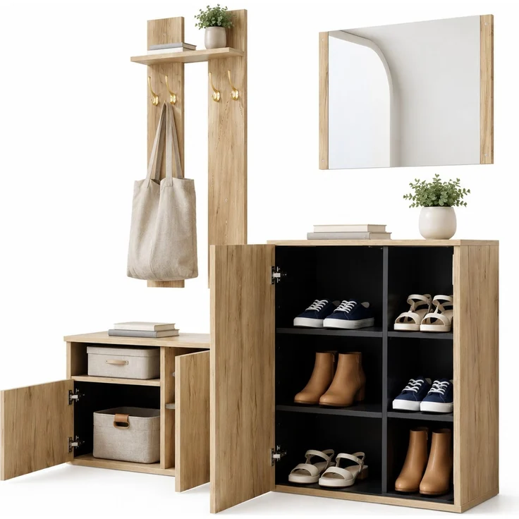 DESVIAE Garderobenschrank-Set 4-in-1 Schwarz/Natur aus MDF/Spanplatte – 120x123x35 cm – Spiegel, Schuhbank – Bild 4