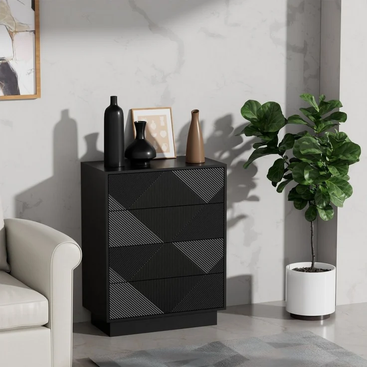 UEV Kommode mit 4 Schublanden, Sideboard, Schubladenschrank Schmal, 60x33,5x77,5cm (Sideboard für Wohnzimmer Schlafzimmer Büro Flur, Mehrzweckschrank aus Holz Beistellschrank allzweckschrank), Drucköffner/ Push to open Schubladen Aufbewahrungskommode – Bild 3