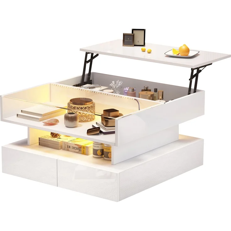 Couchtisch mit hydraulischer Hubfunktion und LED-Beleuchtung, Hochglanz Oberfläche, 2 Schubladen & gehärtetem Glas,Weiß – Bild 10