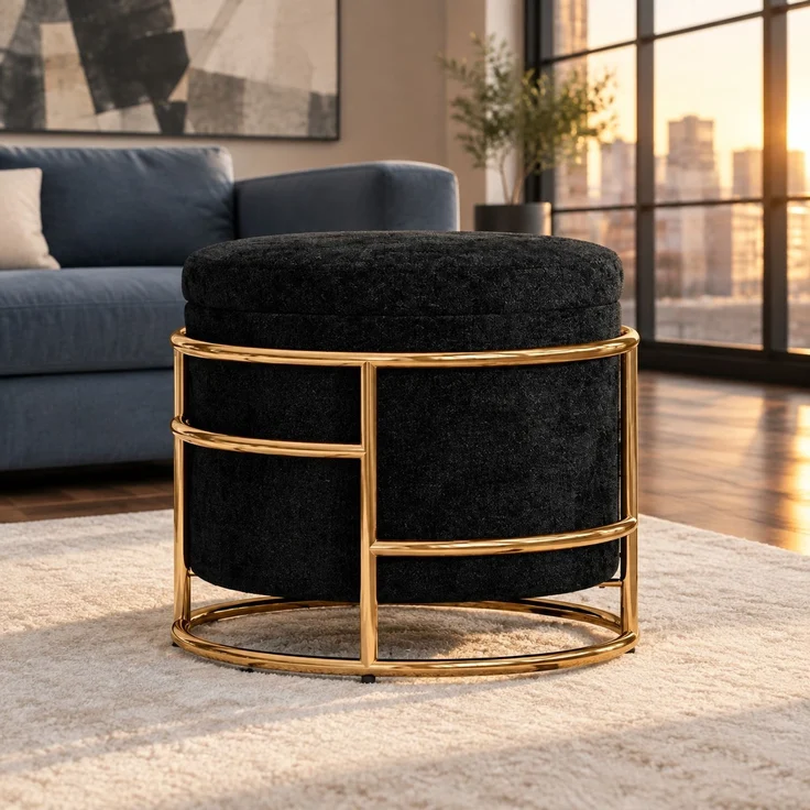Hocker H 39 x T 42 x B 42 cm, schwarzer Polyester-Samt, Stauraum und goldfarbener Stahlrahmen, 1 Stück – Bild 1