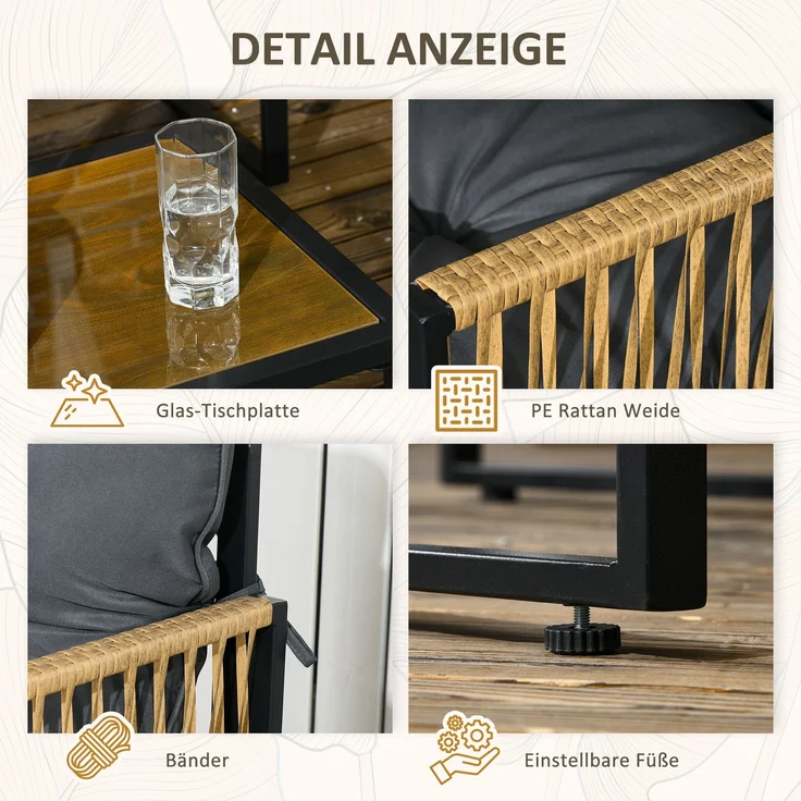 Couchtisch mit Gartensitzgruppe, 41,5x65x36 cm, Dunkelgrau, Polyrattan und Glas – Bild 6