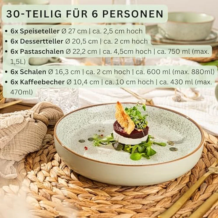 Sänger Rio Minze Kombiservice, 30-teiliges Geschirrset aus kratzfestem Steingut, Rund, Grün, für Essen & Trinken – Bild 2