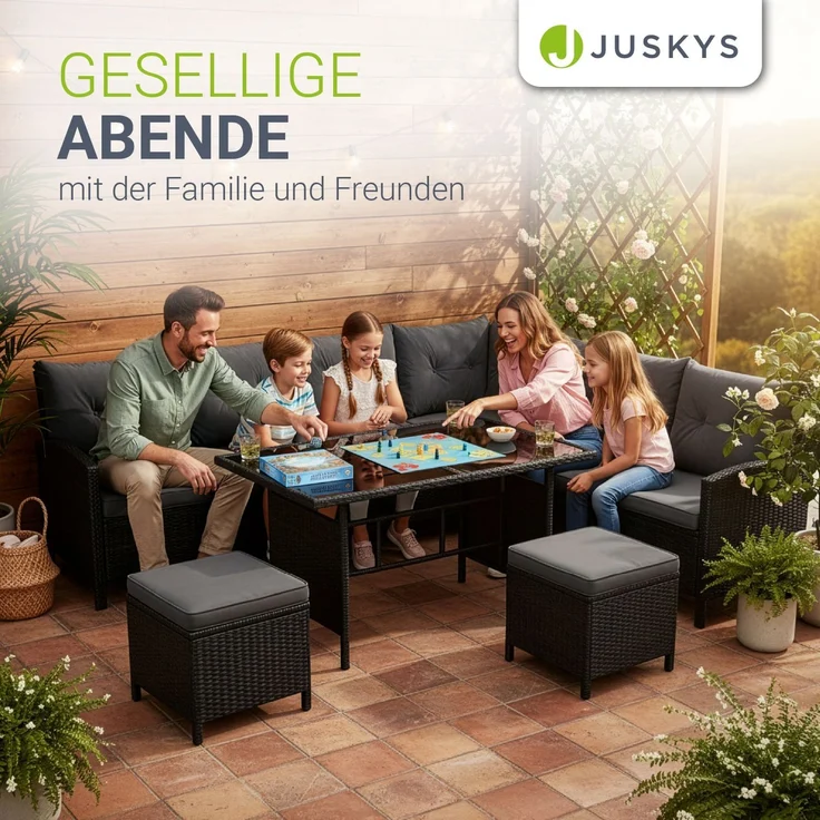 Juskys Polyrattan Lounge Manacor schwarz – Gartenlounge mit Sofa, Tisch, 2 Hocker & Kissen, inkl. Abdeckung – Gartenmöbel Set bis 8 Personen – Sitzbezüge in Grau – Bild 7