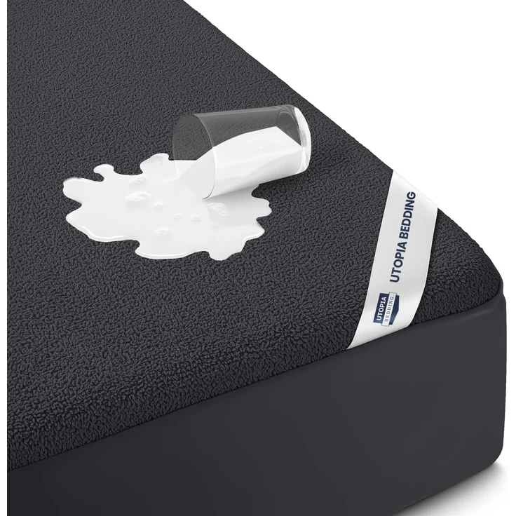 Utopia Bedding wasserdichter Matratzenschoner für Doppelbett, Matratzenbezug aus hochwertigem Frottee, 200 g/m², atmungsaktiv, Spannbetttuch mit dehnbaren Ecken, Schwarz