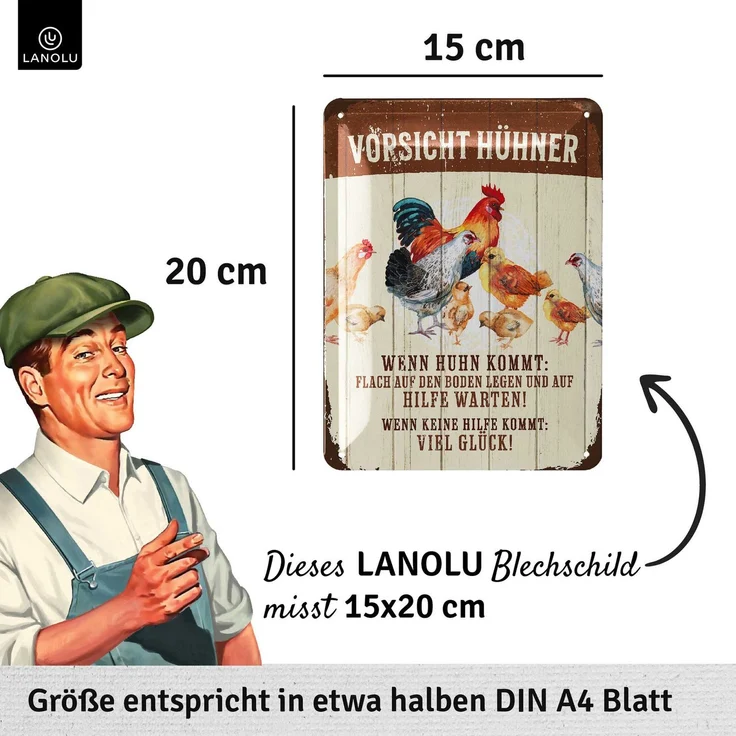 LANOLU Blechschild Vorsicht Hühner - 15x20cm – Metall – Braun – 15210 – Bild 4