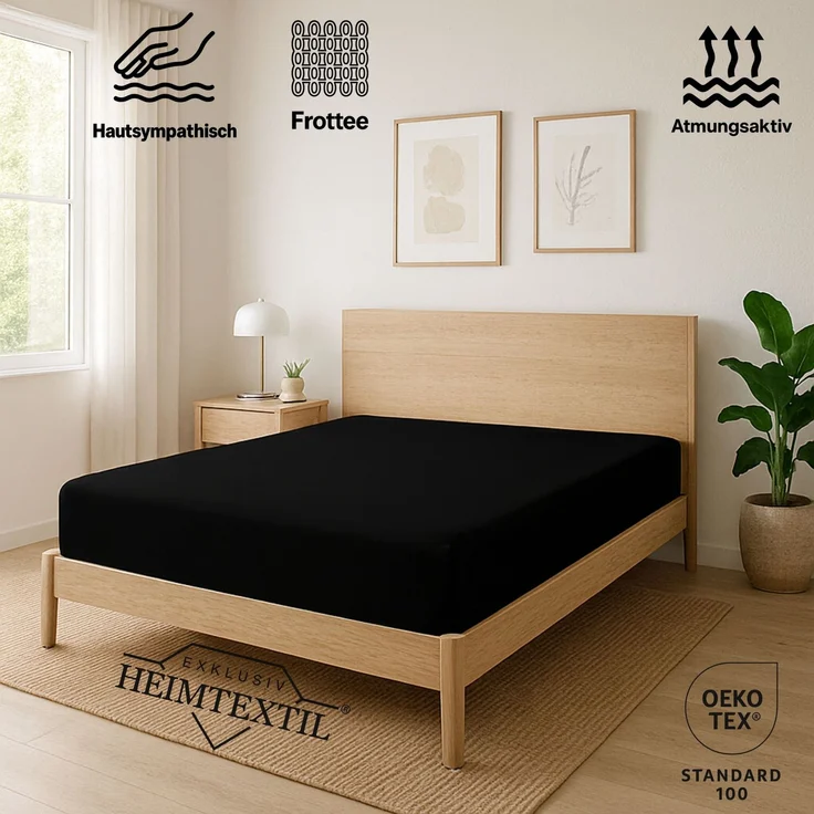 EXKLUSIV HEIMTEXTIL Frottee Spannbettlaken 90 - 100 x 200 cm Schwarz 80% Baumwolle 20% Polyester Öko - Tex Zertifiziert Bed-Sheet Bettlaken Spannbetttuch Topper Leinentuch – Bild 2