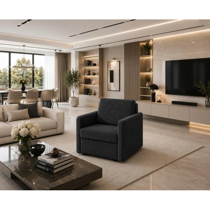 KRISAN MÖBEL Sessel ARIA mit Schlaffunktion 95 × 84 x 95 cm in Dunkelgrau Cordstoff Liegefläche 83 × 190 cm, Farbe: Dunkelgrau – Bild 5