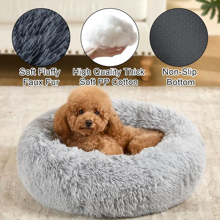 1 Stück Plüsch-Hundebett, rund, rutschfest, bis 4,5 kg, grau – Bild 2
