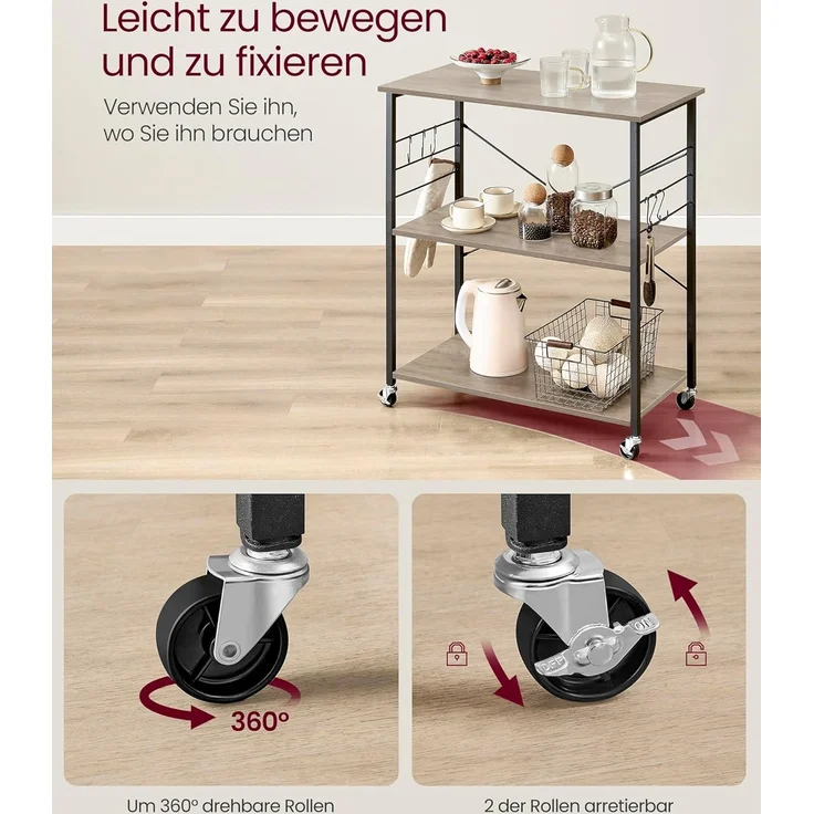 VASAGLE Küchenregal auf Rollen, Servierwagen, 3 Ebenen, Küchenwagen, für Mini-Backofen, Mikrowellen, Metallrahmen, 6 Haken, 40 x 80 x 89 cm, Greige meliert-tintenschwarz KKS067K02 – Bild 5