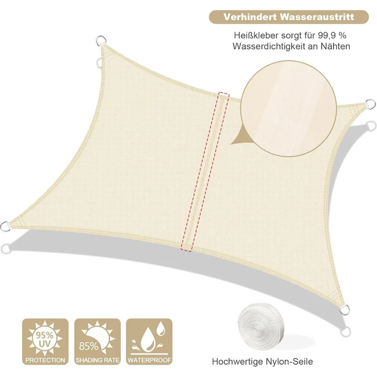 AXT SHADE Sonnensegel Wasserdicht Rechteckig 2,5x3 m Wetterschutz Sonnenschutz PES Polyester mit UV Schutz für Terrasse Balkon Garten-Helles Khaki – Bild 2