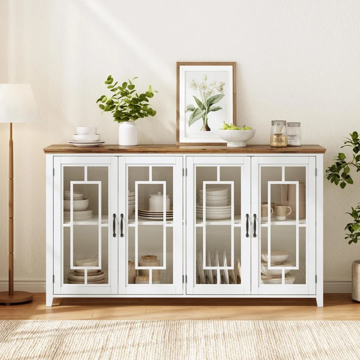 Merax 160cm Küchen-Sideboard mit Glastüren, einem geräumigen Staufach, einer Arbeitsplatte in Holzoptik und einer Kippsicherung, Weiß – Bild 2