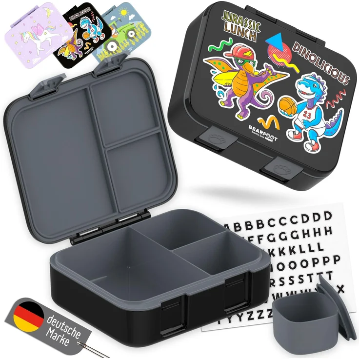 BEARFOOT Bento Box COMPACT Kinder Brotdose (Dinos-schwarz, 1.000 ml) | BPA-frei, auslaufsichere Lunchbox mit Fächern, für Schule & Kindergarten, für Mädchen & Jungen, leicht & kompakt