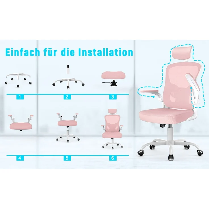 Botifly Ergonomischer Bürostuhl mit Kopfstütze, Mesh-Gewebe, Rosa, 90°-120° Wippfunktion, 10 cm Höhenverstellbar, 52 x 26 x 57 cm – Bild 10