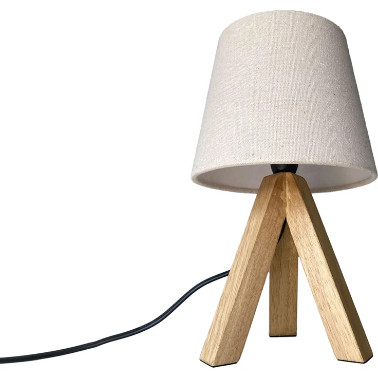 Tischlampe mit Dreibein aus Holz, Stoffschirm Creme Weiß, Höhe 27cm – Bild 2