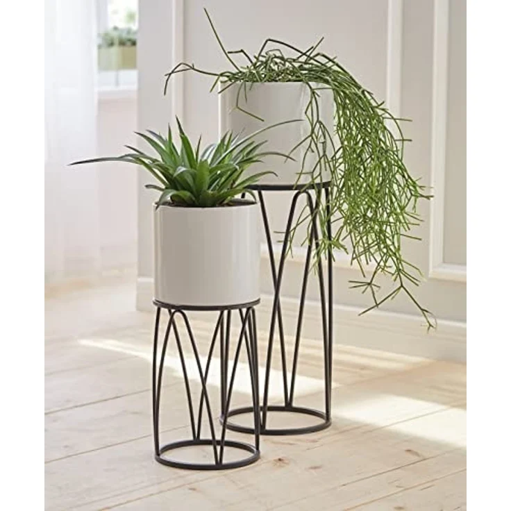 2x Übertopf "Retro" mit Metallgestell, schwarz und Pflanztopf in creme, Pflanzgefäß, Blumentopf, Pflanzkübel, Blumentopfständer – Bild 1