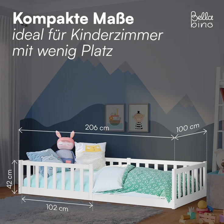 Bellabino 'Vere' Bodenbett 90x200 cm mit Matratze, weiß, Massivholz Kiefer, Montessori Kinderbett mit Rausfallschutz und Lattenrost – Bild 9