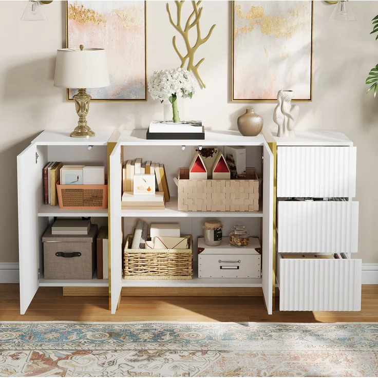 DESVIAE Sideboard Weiß aus MDF/Spanplatte – 140x75x36 cm – 3 Türen, 3 Schubladen – Bild 5