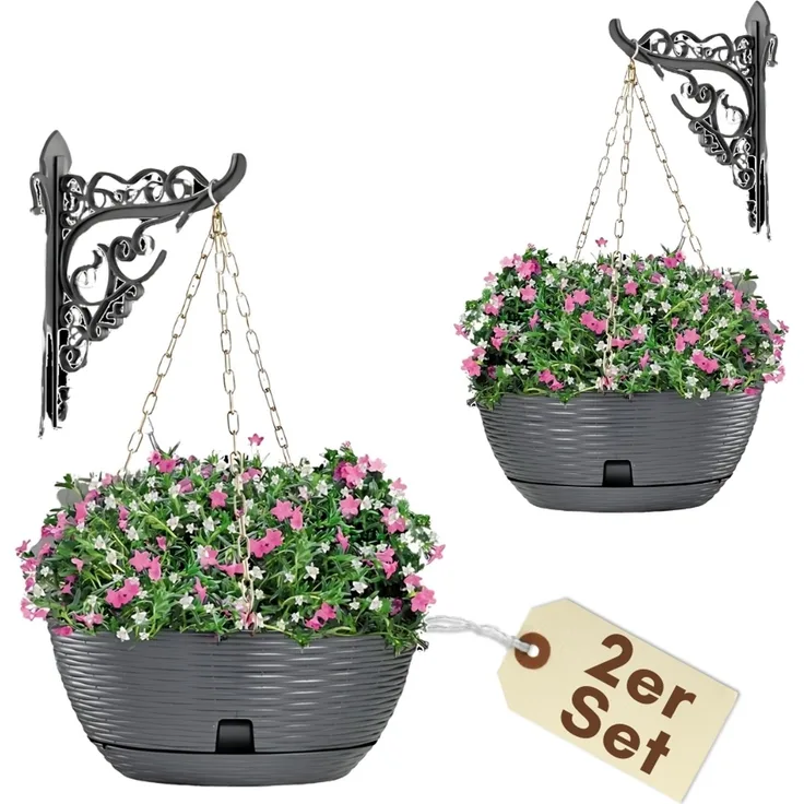GarPet Blumenampel 2x Blumenampel Blumentopf hängend inkl. Kette Wandhalterung anthrazit