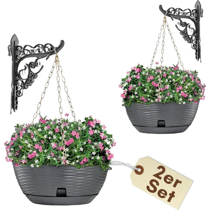 GarPet Blumenampel 2x Blumenampel Blumentopf hängend inkl. Kette Wandhalterung anthrazit – Bild 1