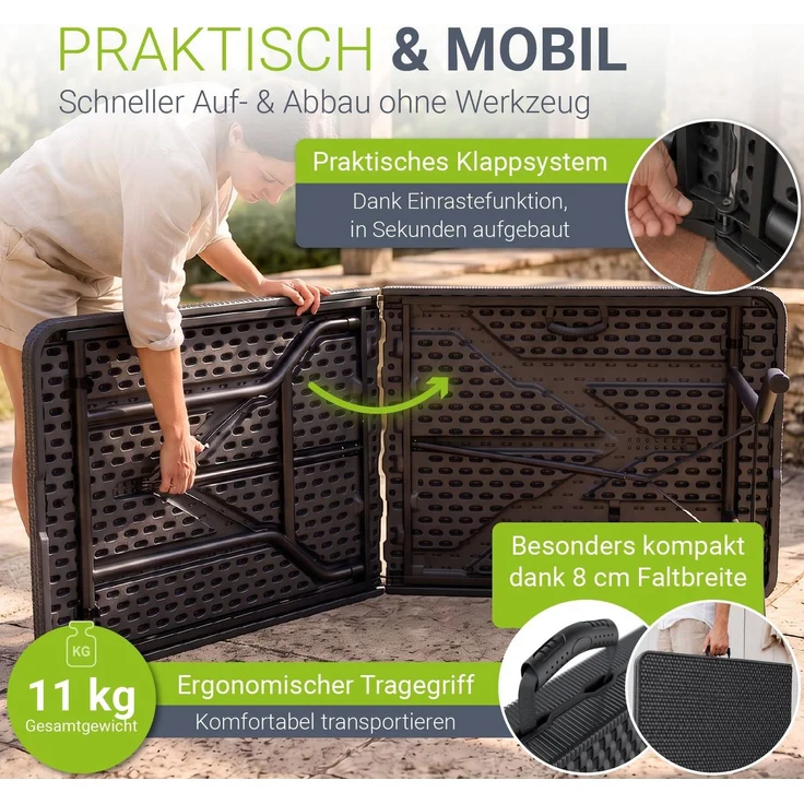 JUSKYS® Klappbarer Gartentisch Easyfold Schwarz - Wetterfester, Klapptisch mit Tragegriff, stabiler multifunktionaler Buffettisch, 180x74x74 cm, 200 kg belastbar – Bild 2