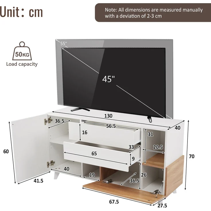 DESVIAE Sideboard mit 2 Schubladen und Klapptür, 130x70x40 cm, Spanplatte, Weiß Hochglanz/Helle Eiche – Bild 10