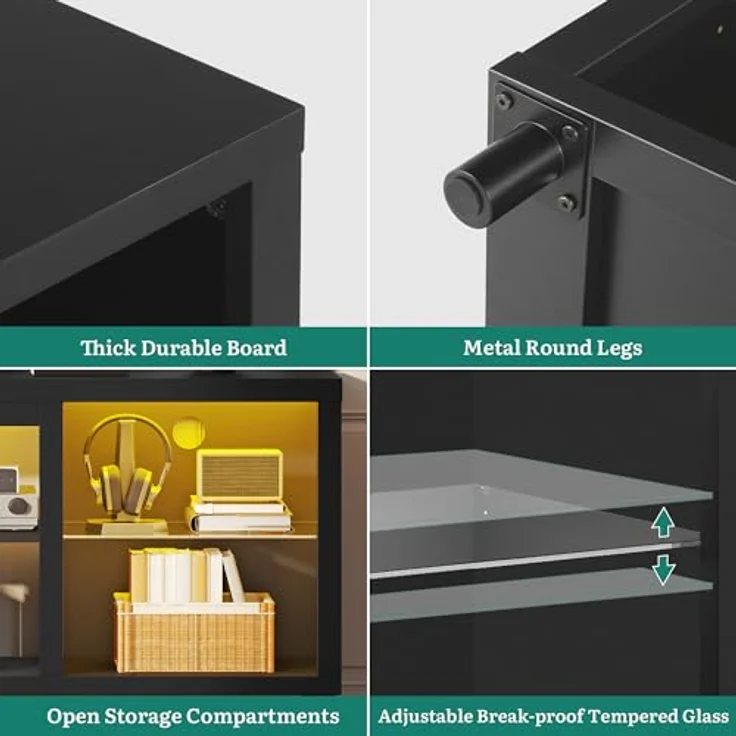 YITAHOME TV Schrank, Lowboard für 65 Zoll & kleinere TVs mit RGB LED-Beleuchtung, 148cm TV Board mit verstellbaren Glasböden, integriertes Kabelmanagement, Fernsehtisch für Wohnzimmer (Schwarz) – Bild 4