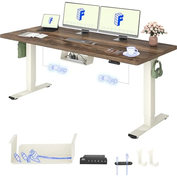 FLEXISPOT Höhenverstellbarer Schreibtisch 180x80 cm mit 2 Motoren & 25MM einteiliger Tischplatte,ergonomischer Bürotisch - Walnussbraun, Mousseweiß Gestell – Bild 2