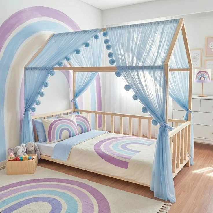 Baby Fancyroom Betthimmel Betthimmel Tüll Hausbett Kinderbett 2 Stück 340cm 380cm Montessori (3-tlg. Set mit 2x Betthimmel und einer 20er Pomponkette, Baldachin, Kinder Betthimmel Baldachin Himmel Deko Set), Betthimmel für Hausbett Montessori – Bild 3