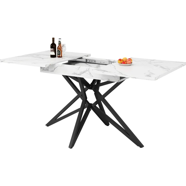 Ausziehbarer Esstisch, ausziehbarer Küchentisch, Frühstückstisch, sternförmige Tischbeine, Eisenbeine, Walnussholz/Marmorimitat, Schwarz, 120 (160) x 80 cm – Bild 5