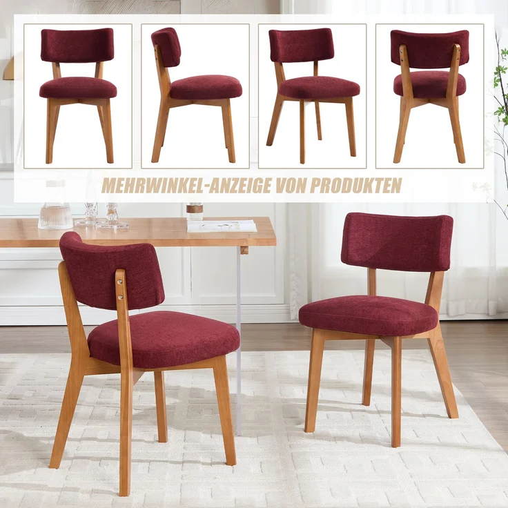LVHOM 2er Set Esszimmerstühle Leinenstoff, Polsterstuhl aus Massivholz, belastbar bis 200 kg, Stuhl für Esszimmer, Homeoffice & Wohnzimmer, Rot – Bild 8