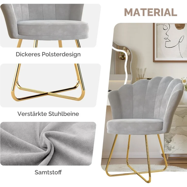 Hawthyhome Polsterstuhl Polstersessel 2er Set mit Blütenblatt-Rückenlehne, goldene Metallbeine, ergonomische hohe Rückenlehne mit Kopfstütze, Wasserfall-Sitzkissen, SGS-zertifiziert & bis 150 kg belastbar, elegantes Design, ideal für Esszimmer, Schmink... – Bild 6
