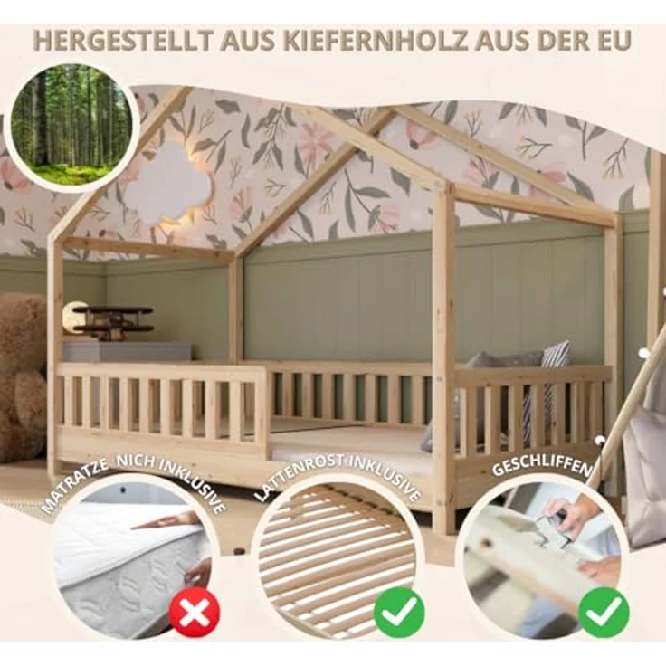 Crazy Pine 'Crazy House' Hausbett mit abnehmbaren Rausfallschutz, Naturholz, Natur, 90x200 cm, mit Höhenverstellbaren Beinen – Bild 5