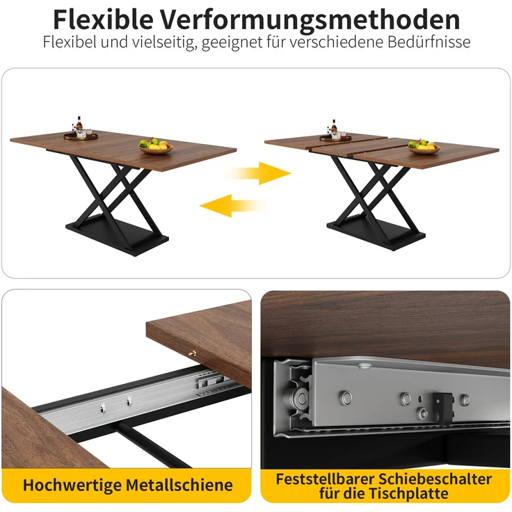 Esstisch Set mit 4 Stühlen Ausziehtisch 120-160x80 cm Metallkreuzbeine Samtstühle Essgruppe Küchentisch Esszimmer Walnuss & Schwarz – Bild 4