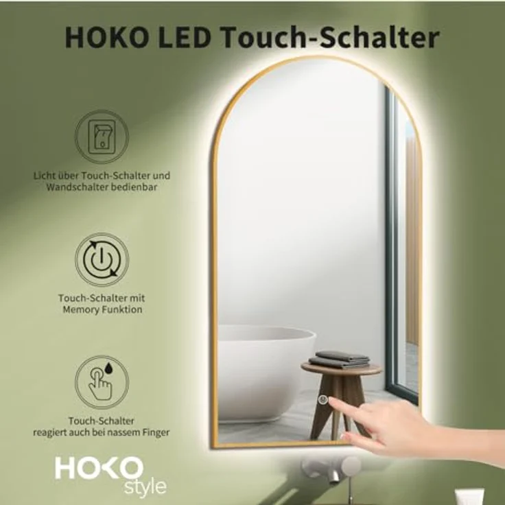 HOKO LED Badspiegel mit Beleuchtung, dimmbar, Touch-Sensor, Memory-Funktion, IP44, bogen 50x90 cm / 60x100 cm, Schwarz/Gold/Weiß – Bild 3
