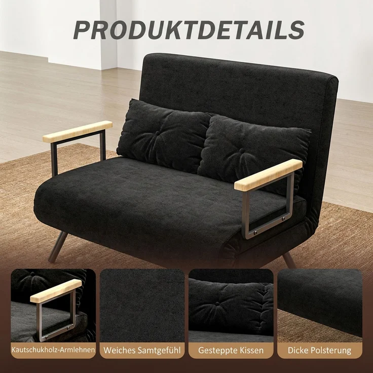 HOMCOM Schlafsofa, Stahl, Polyester, Schwarz, 102L x 73B x 81H cm – Bild 6
