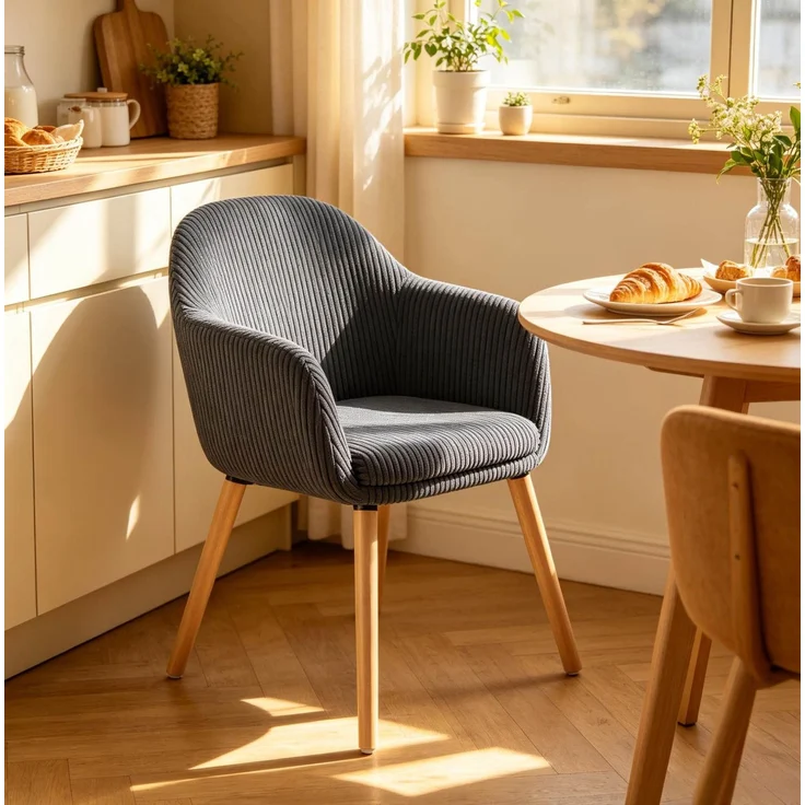 Essstuhl 53,5x83,5x46 cm – gepolsterter Stuhl mit Armlehnen aus Cord, Holz und Metall – Bild 2