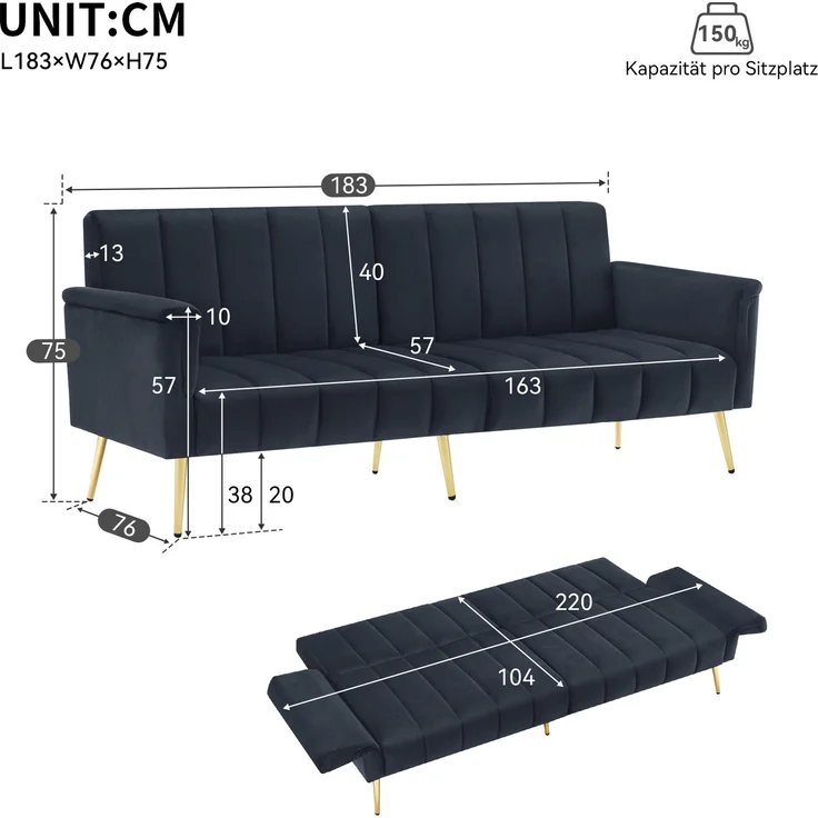 Schlafsofa 183 x 76 x 75 cm, 5-fach verstellbare Rückenlehne & Armlehnen, Samtstoff, multifunktionales Sofa mit Metallfüßen, bequemes Gästebett,Schwarz – Bild 9