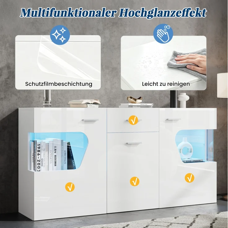 DESVIAE Sideboard Weiß aus MDF – 140x70x33 cm – 3 Türen, Schublade, LED-Beleuchtung – Bild 4
