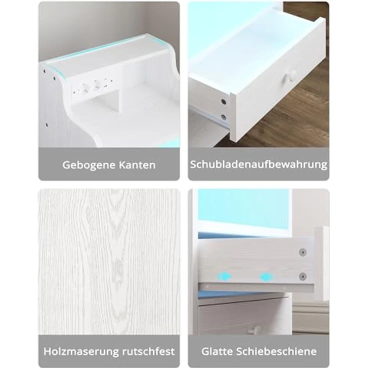 IRONCK Nachttisch LED mit Steckdose und Ladefunktion, Beistelltisch Holz, Nachtschrank mit 2 AC, 1 USB& 1 Type-C Anschlüsse, Sofatisch mit 2 Schubladen, Nachtkästchen Wohnzimmer,Schlafzimmer, Weiß – Bild 8
