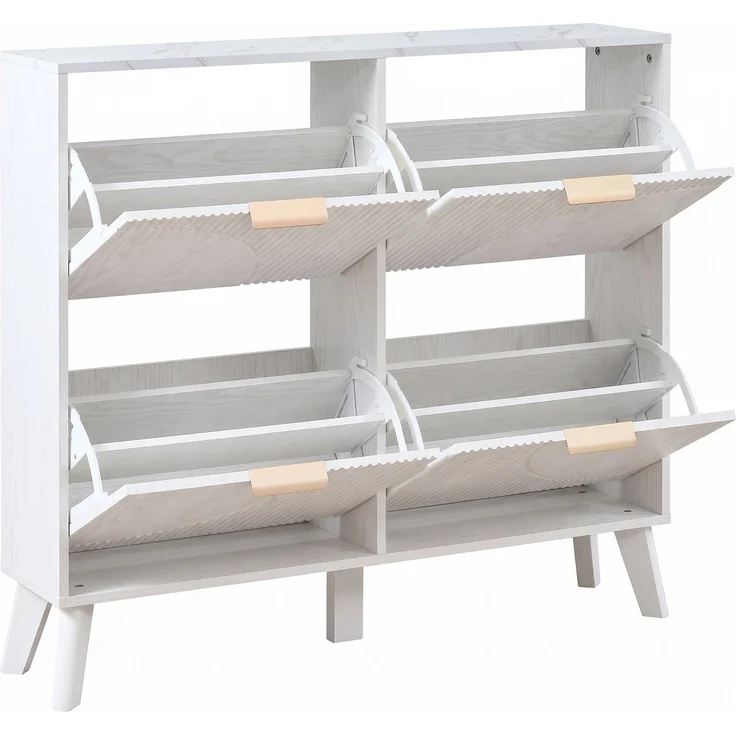 ZUBALIYA Schuhschrank (105 x 24 x 95,5 cm), 4 Klappfächer, Strukturierte Fronten, Stauraum für Flur und Eingangsbereich, Weiß – Bild 16