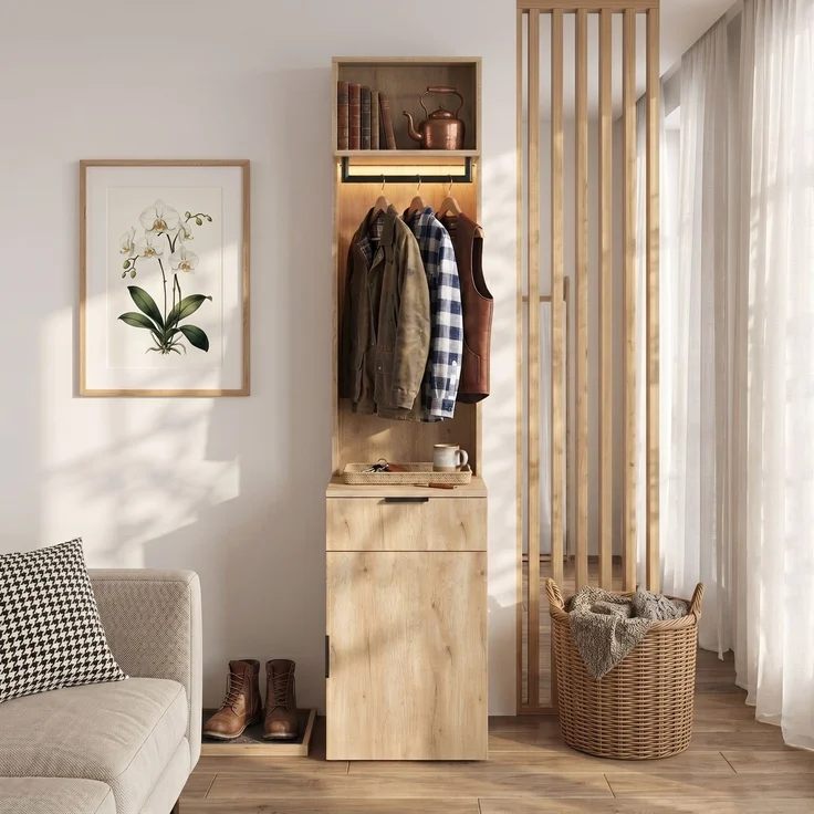 Garderobenschrank 47 x 45 x 200 cm aus MDF in Eiche-Holzoptik mit LED-Beleuchtung – Bild 3