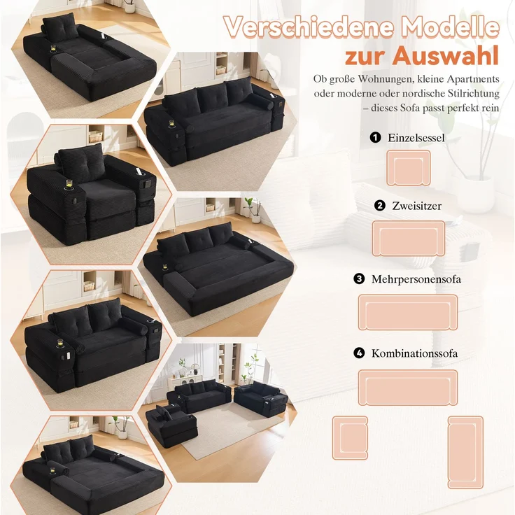 Klappsofa aus Cord mit Federkern, Getränkehalter, 122x98x80 cm, Schwarz – Bild 9