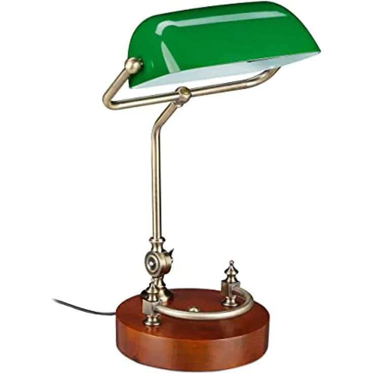 Relaxdays Bankerlampe, neigbarer Glasschirm, Holzfuß, E27-Fassung, retro, grün-braun