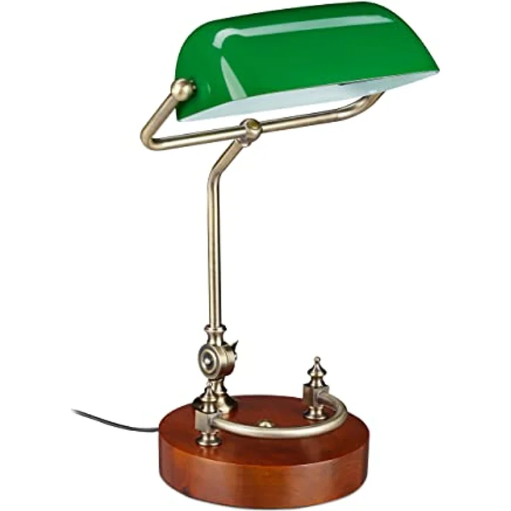 Relaxdays Bankerlampe, neigbarer Glasschirm, Holzfuß, E27-Fassung, retro, grün-braun – Bild 1