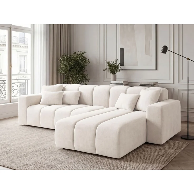 GRAINGOLD Ecksofa L-Form Nork, Wohnzimmer Ecksofa, Couch L-Form, Velour-Stoff, Creme, Rechts – Bild 3