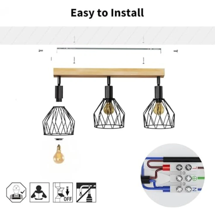 LVWIT E14 Deckenlampe 3 Flammig LED Deckenleuchte Deckenstrahler Schwenkbar 350° Holz LED Deckenspots Schwarz Küchenlampe Wohnzimmer, Flurlampe Modern für Flur, Küche, Schlafzimmer – Bild 8