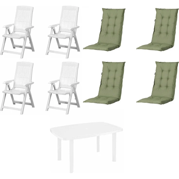 SET Tampa + Faro 4 x Klappsessel weiß, 1 x Tisch weiß, 4 x Auflage grün – Bild 2