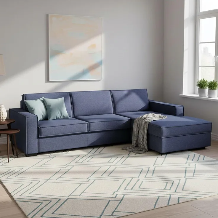 Talamo Italia Ecksofa Beatrice, Made in Italy, Drehbare Öffnung mit Matratze und Netz inklusive, Rechte Halbinsel mit Stauraum, mit schmalen Armlehnen, Cm: 260x95h90, Farbe Blau