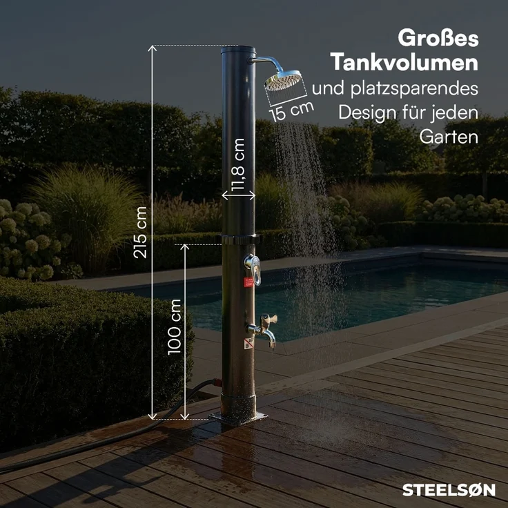 STEELSØN 'Velion' Solardusche 20 Liter, schwarz, warmes Wasser bis 60°C, Gartendusche mit schwankendem Regenduschkopf und Wasserhahn, Outdoor Dusche inkl. Schutzhaube – Bild 8