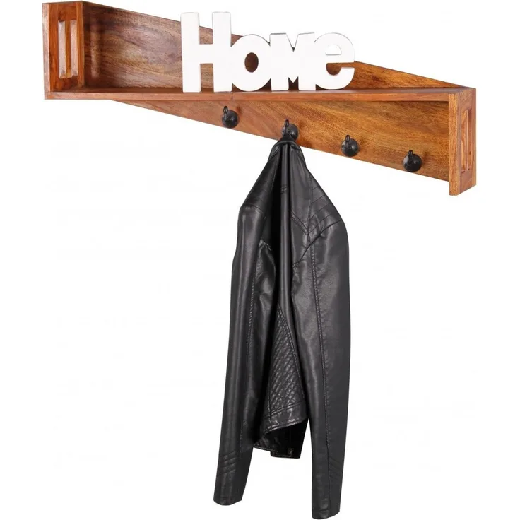 Wandgarderobe mit 4 Haken BUDAK Flur Wand Regal Massiv Sheesham